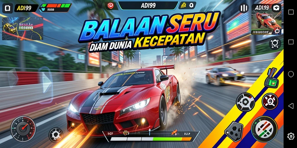 Tampilan mendebarkan dari gameplay ADI99 saat aksi balapan berlangsung.
