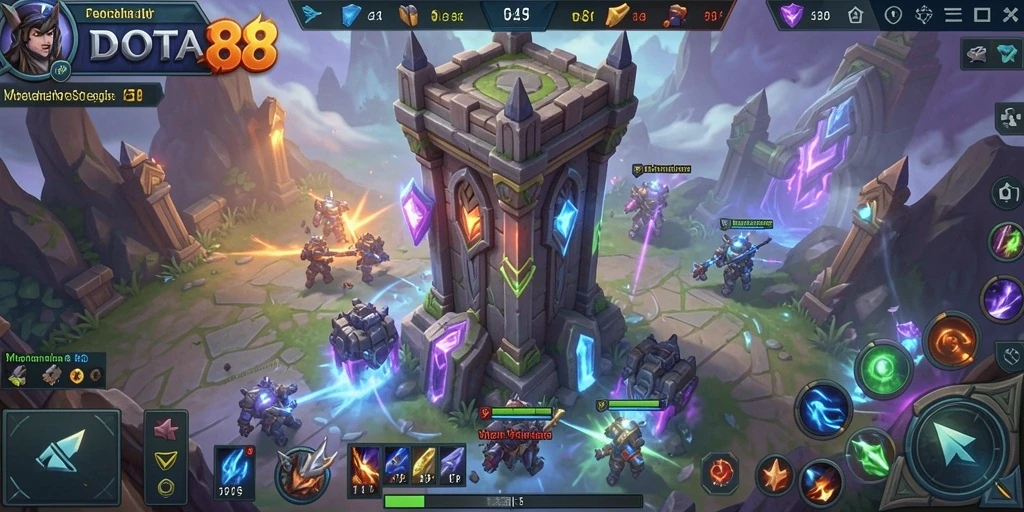 Tangkapan layar gameplay DOTA88 menampilkan menara dan musuh dalam aksi.