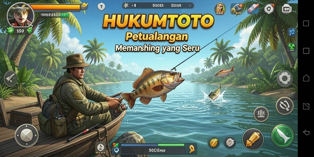 Tampilan gameplay seru HUKUMTOTO saat menangkap ikan di lokasi indah.