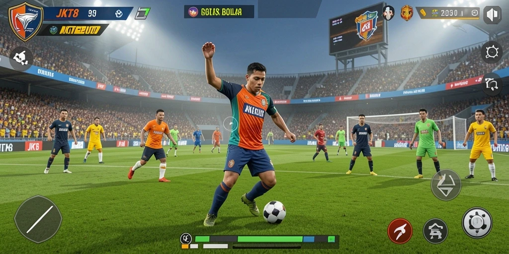 Tampilan gameplay menarik dari JKT8 dengan aksi sepak bola intens.