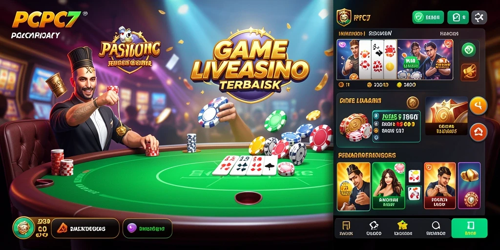 Screenshot gameplay PCPC7 menampilkan dealer langsung dan suasana kasino yang mengesankan.