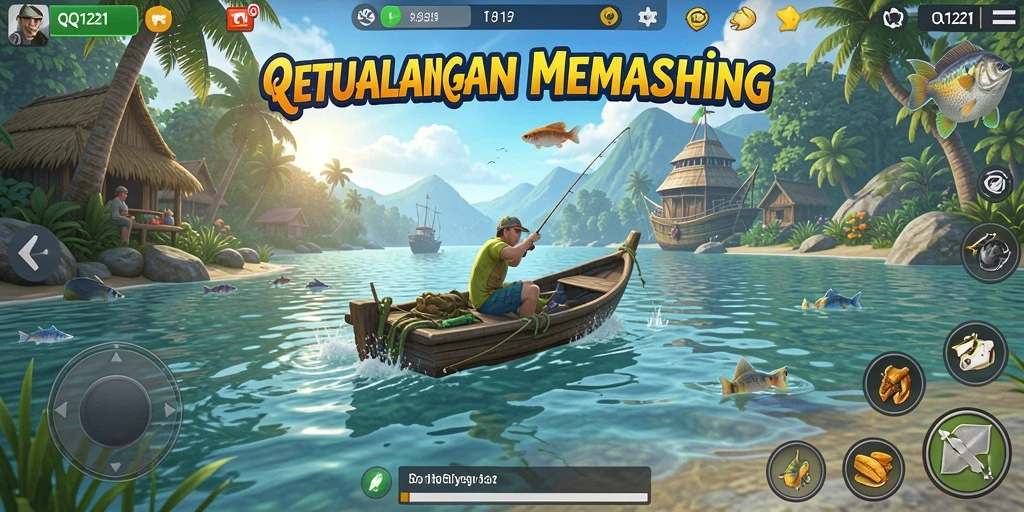 Tampilan gameplay menawan dari QQ1221 yang menampilkan pengalaman memancing yang seru.