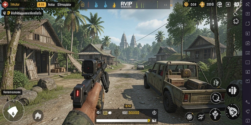 Tampilan gameplay utama RVIP dengan karakter yang berinteraksi dalam lingkungan simulasinya.