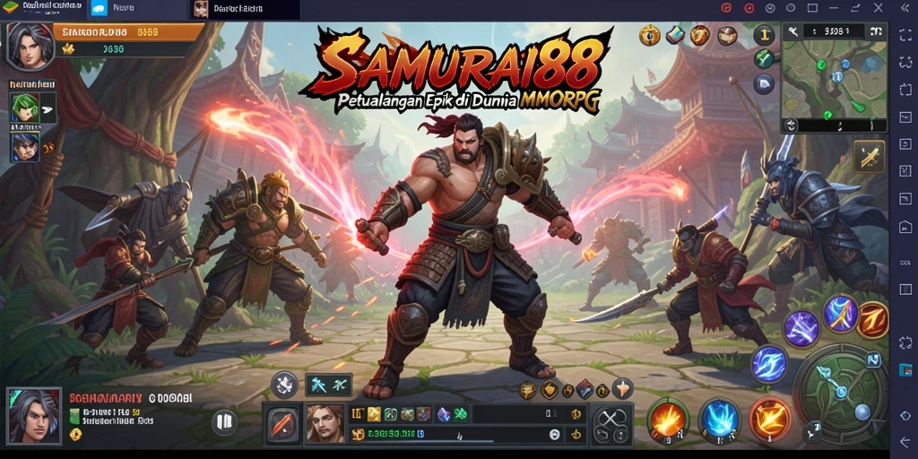 Screenshot gameplay SAMURAI88 dengan pertempuran seru antara samurai dan musuh.