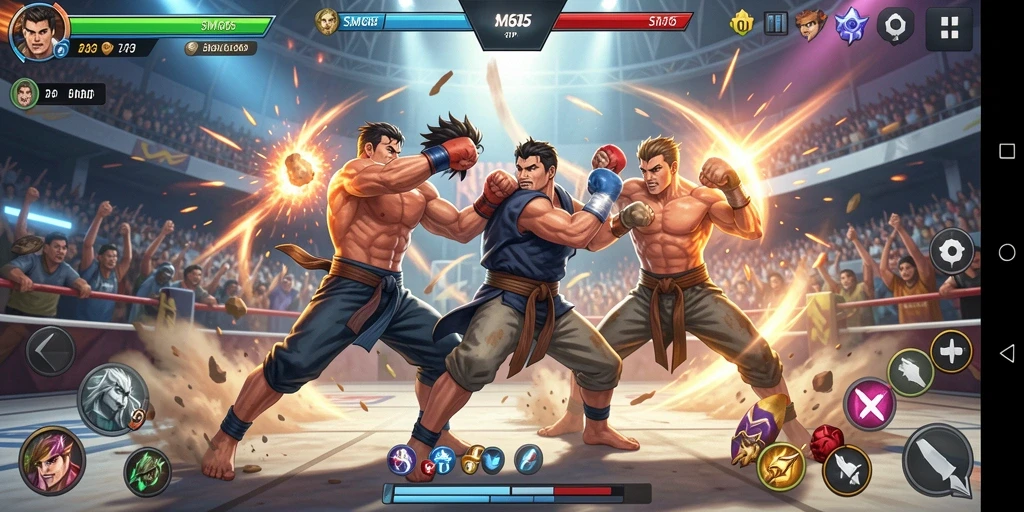 Screenshot dari gameplay SM605 yang menampilkan aksi pertarungan yang intens.