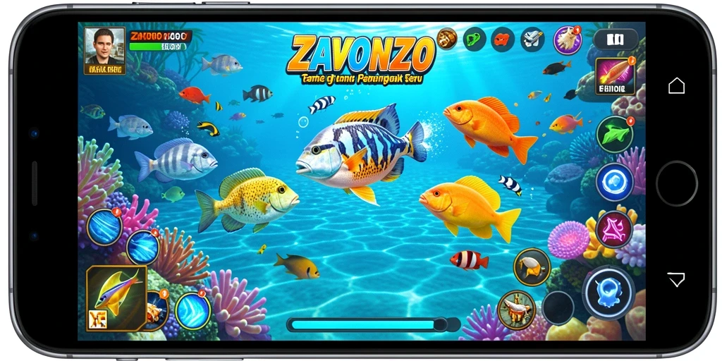 Tampilan gameplay ZAVONZO dengan aksi seru menembak ikan.